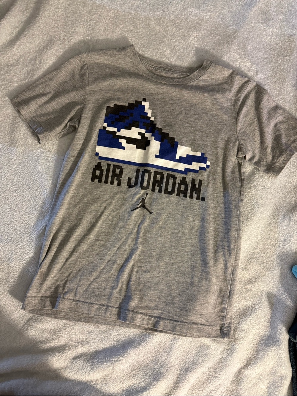 Jordan Boys' Gray Tee with Blue Pixel Sneaker Graphic